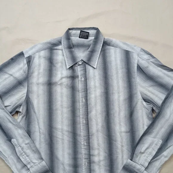 Irreverent Mens Casual Button Down Shirt Size L Gray Striped Cotton Barrel Cuff - Picture 3 of 8